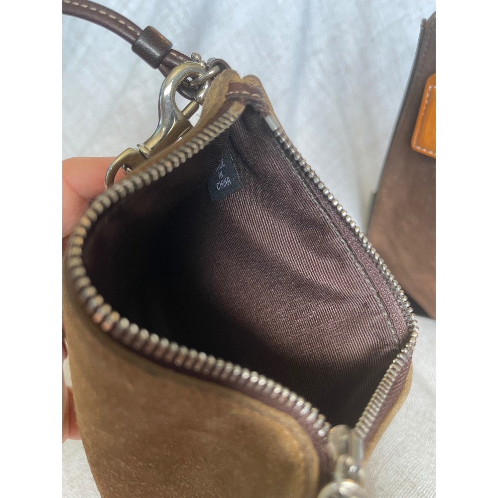 Coach Vintage Suede Wristlet Set Tan Brown Leather Trim Pouch Bag 2pc Bundle - Picture 4 of 5